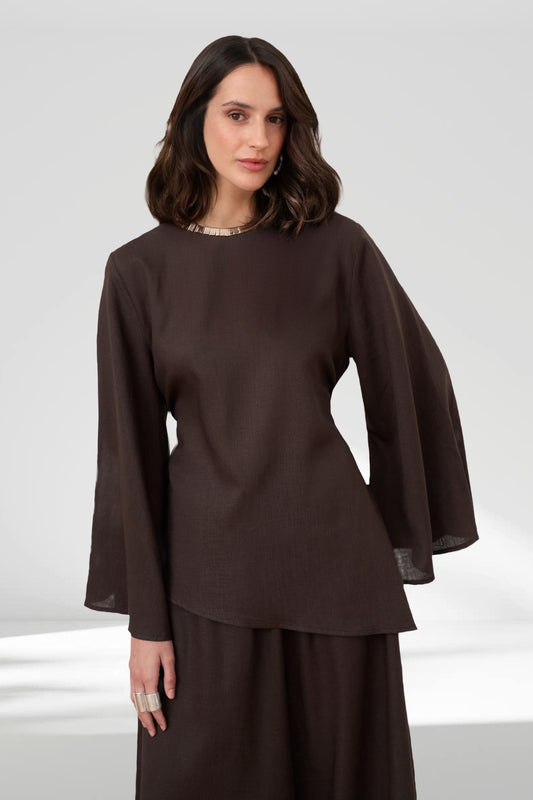 Ensemble deux pièces Marron brunette en lin